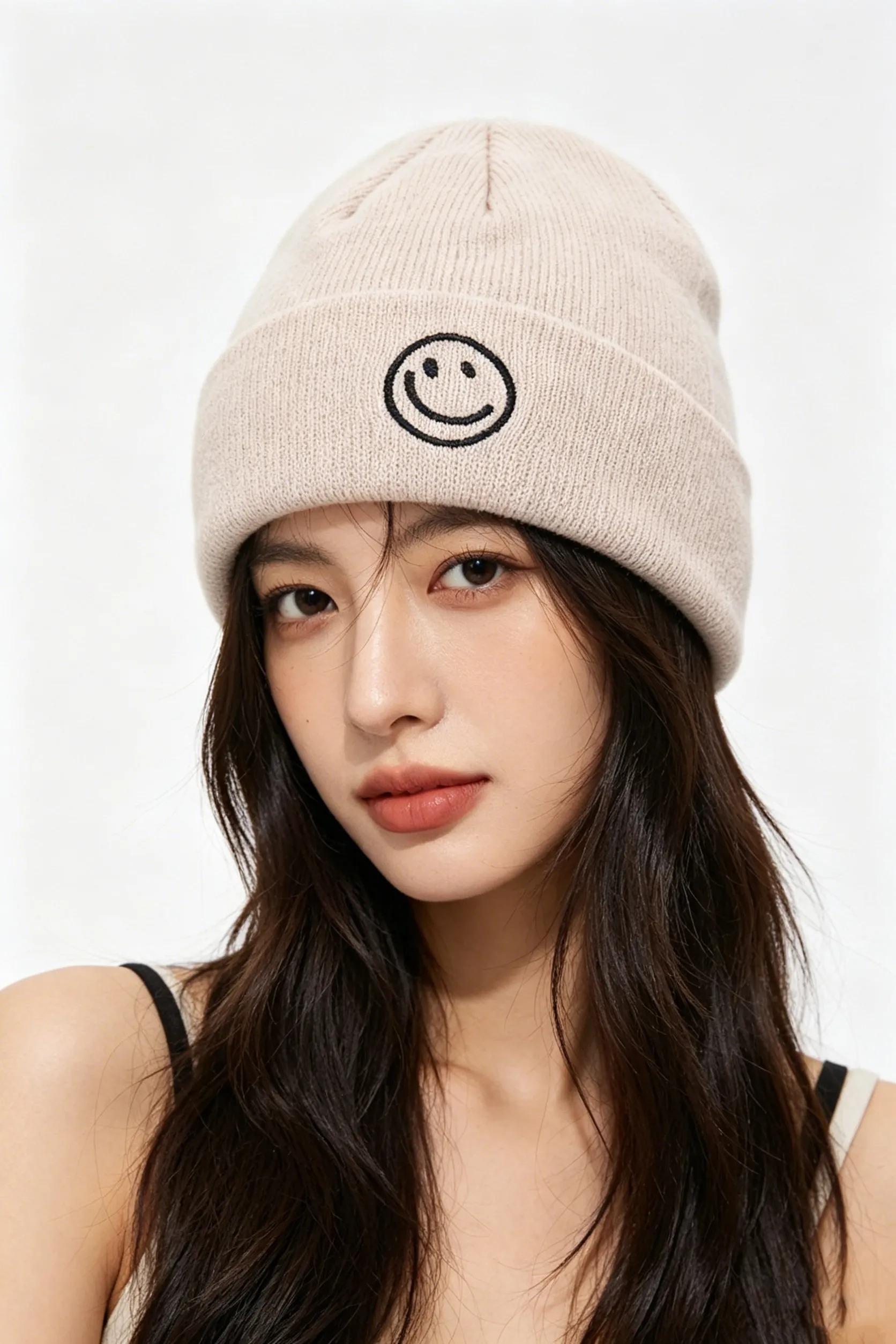 White Smiley Face Embroidered Knit Beanie Hat