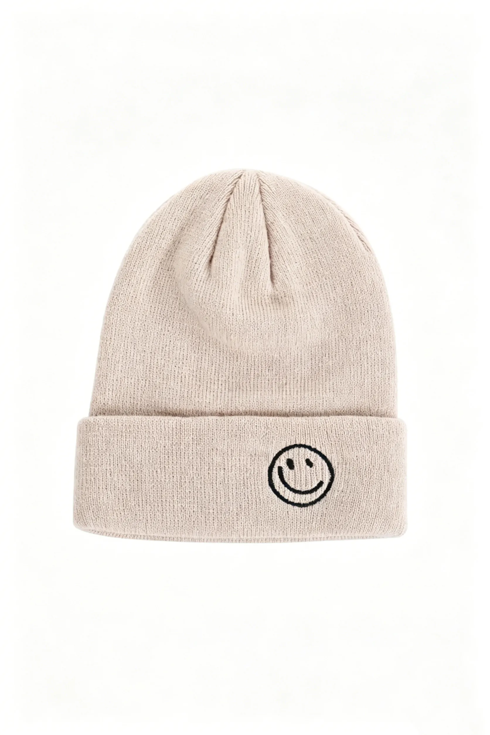 White Smiley Face Embroidered Knit Beanie Hat